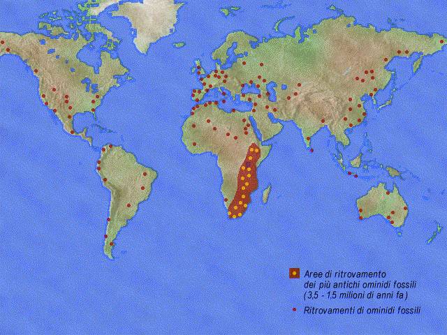 Luoghi di ritrovamenti fossili degli ominidi