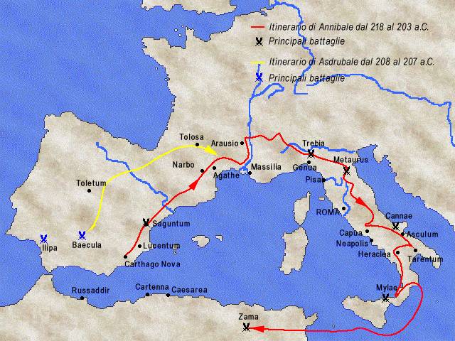 Gli itinerari di Annibale ed Asdrubale durante la II guerra punica - 218-201 a.C.